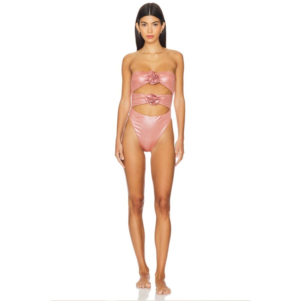 NWOT Lovewave Hemi One‎ Piece Metallic Pink Cutout Rosette Swimsuit Coquette